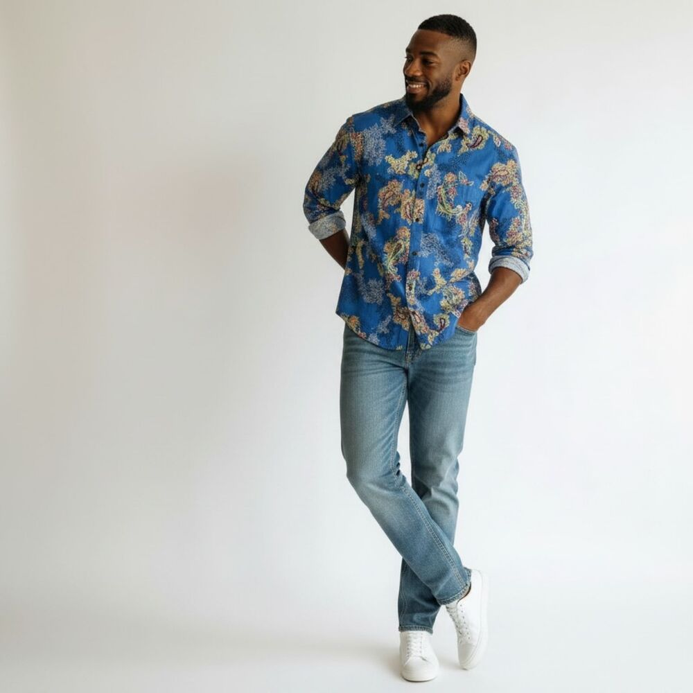 Men's Long Sleeve Printed Button-Down Shirt - Picture 1 of 3